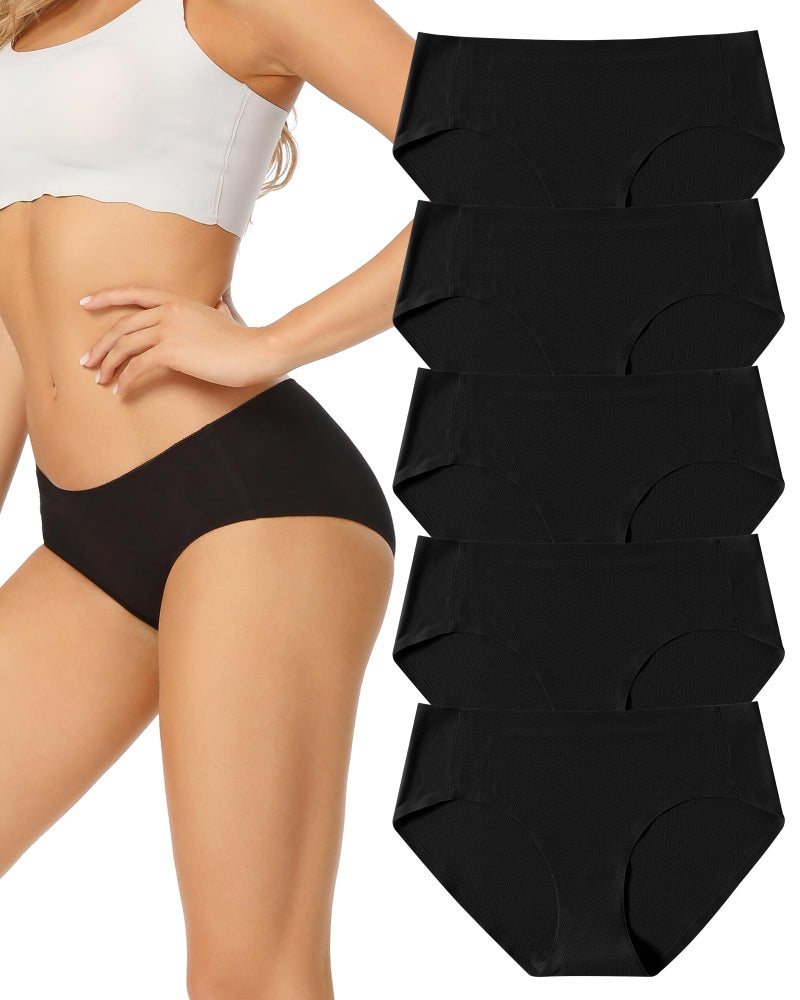 voenxe Seamless Underwear for Women Black,Hipster No Show Ladies Panties Line,Breathable Stretch Bikini,Invisible Workout Briefs,Comfortable Soft Undies,Gym Underpants,5 Pack - Image 1
