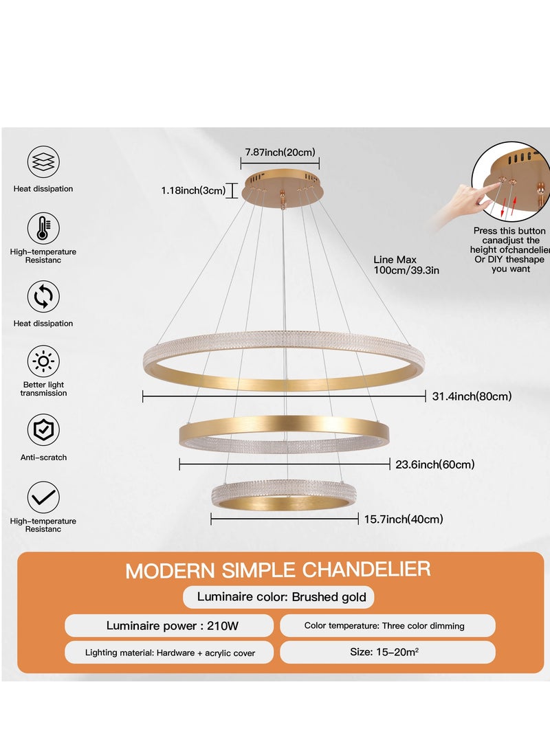 YATAI LIGHTING - LED Chandelier Living Room,Remote Control Large Dia 80cm 3-Ring Gold Modern Chandelier Light, Acrylic Adjustable Color Temperature Chandelier 3 Ring Lamp(210W,80 * 60 * 40cm) - Image 1