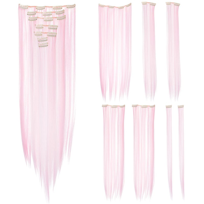 SWACC 7 Pcs Full Head Party Highlights Clip on in Hair Extensions Colored Hair Streak Synthetic Hairpieces (22-Inch Straight, Pink) - Image 1