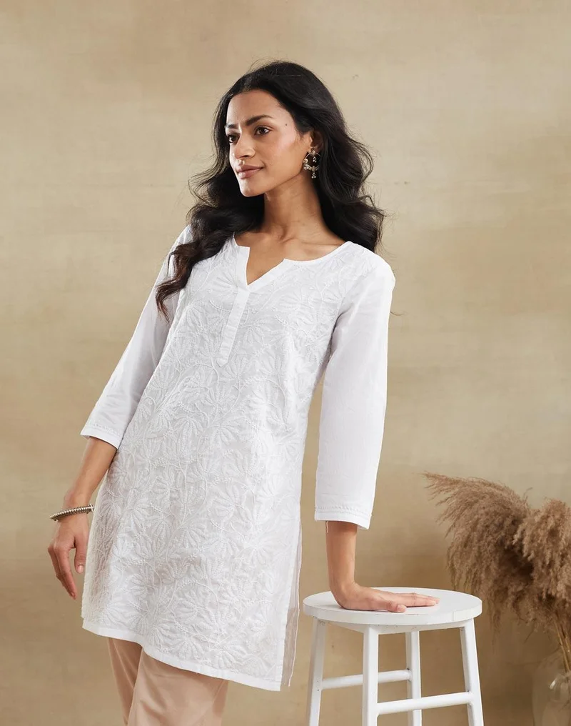 فاب انديا White Cotton Chikankari Short Kurta