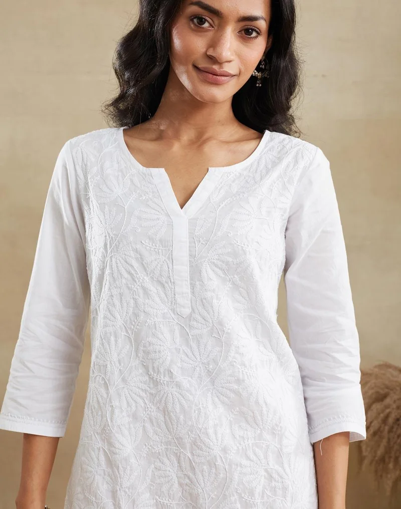 Fabindia  White Cotton Chikankari Short Kurta for Women | Best Price UAE