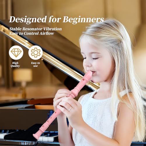Yop-yes Soprano Recorder Instrument for Kids Beginners Student German Fingering C Key Recorder Instrument 3 Piece with Cleaning Rod and Bag Fingering Chart (Bright pink) - Image 5