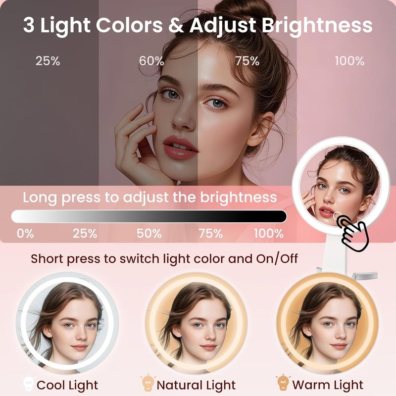 مرآة مكبرة مع إضاءة، 10X/1X مرآة مكياج مضيئة مزدوجة الوجه مع إضاءة و3 أوضاع ألوان، مرايا تجميل سفر قابلة للطي قابلة لإعادة الشحن 3 في 1 للطاولة واليد والتعليق - Image 3