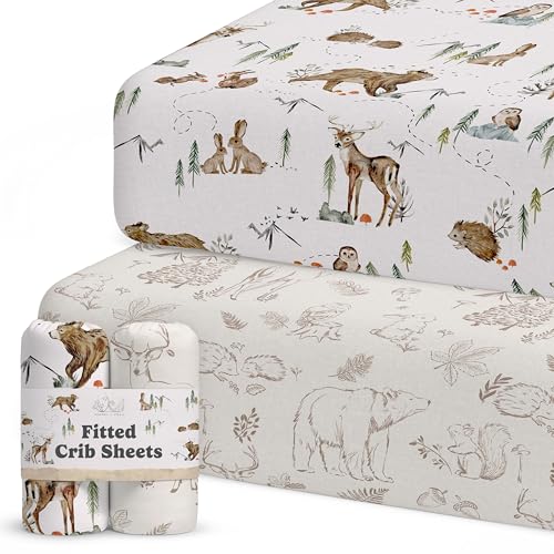 Sorrel + Fern Crib Sheets Neutral - Fitted Baby Crib Sheets Bed for Girl Boy - 2 Pack Standard & Toddler Mattress - Buttery Soft Organic Cotton Blend (Magic Forest) - Image 1