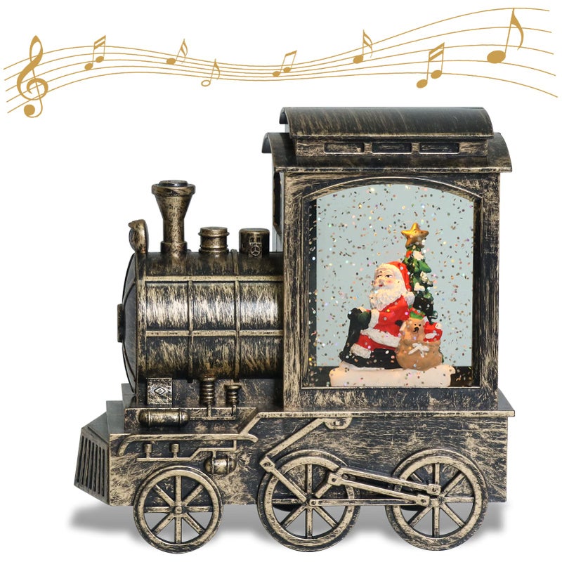 Wondise Lighted Christmas Snow Globes Musical Lantern with Timer Battery Operated and USB Powered Spinning Water and Swirling Glitter Train Shape Holiday Decoration
