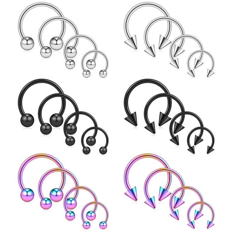 Ruifan 24PCS Surgical Steel CBR Nose Septum Horseshoe Earring Eyebrow Tongue Lip Nipple Piercing Ring with Balls & Spikes 14G 8-14mm Mix Color 2# - Image 1