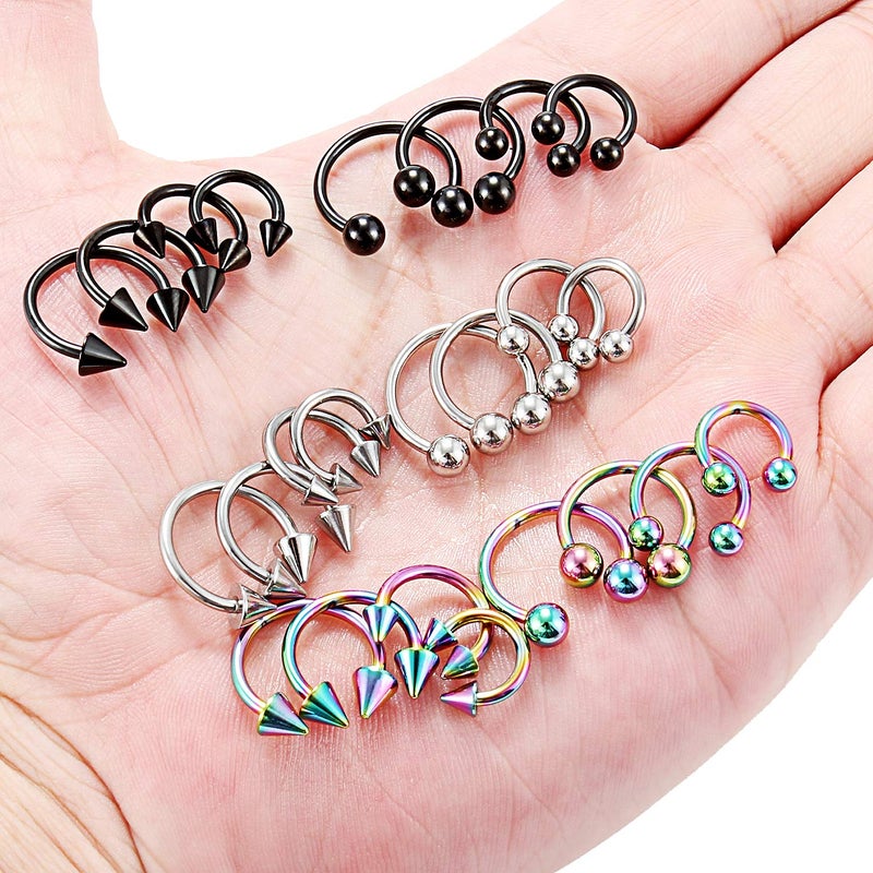 Ruifan 24PCS Surgical Steel CBR Nose Septum Horseshoe Earring Eyebrow Tongue Lip Nipple Piercing Ring with Balls & Spikes 14G 8-14mm Mix Color 2# - Image 3