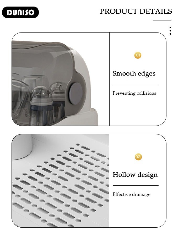 DUNISO Baby Bottle Drying Rack, Vertical Baby Bottle Storage with Anti-dust Cover, Tableware Drying Rack with Pull-Out Drain Board, Portable Kitchen Cabinet Organizer with Haft, Cup Storage Box for Home Kitchen - Image 2