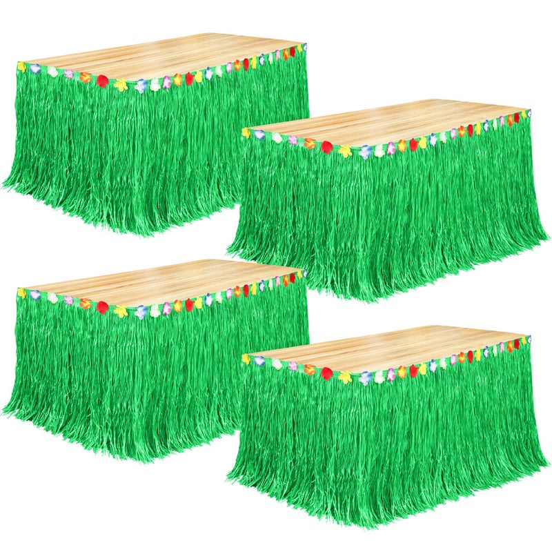 Fovths 4 Pack Luau Grass Table Skirt Natural 9 Feet x 295 Inch Hawaiian Table Skirt for Tropical Hawaiian Party Decorations Luau Party Costume Party Green
