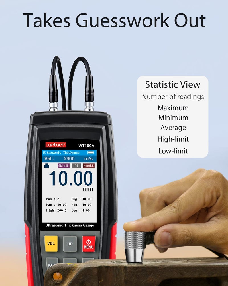 Wintact Digital Ultrasonic Thickness Gauge, Range 0.039 to 11.81 in with Probe for Measuring Metal and Nonmetal Materials, Steel, Cylinder Wall, Plastic, Glass, PVC, Pipes (WT100A) - Image 3