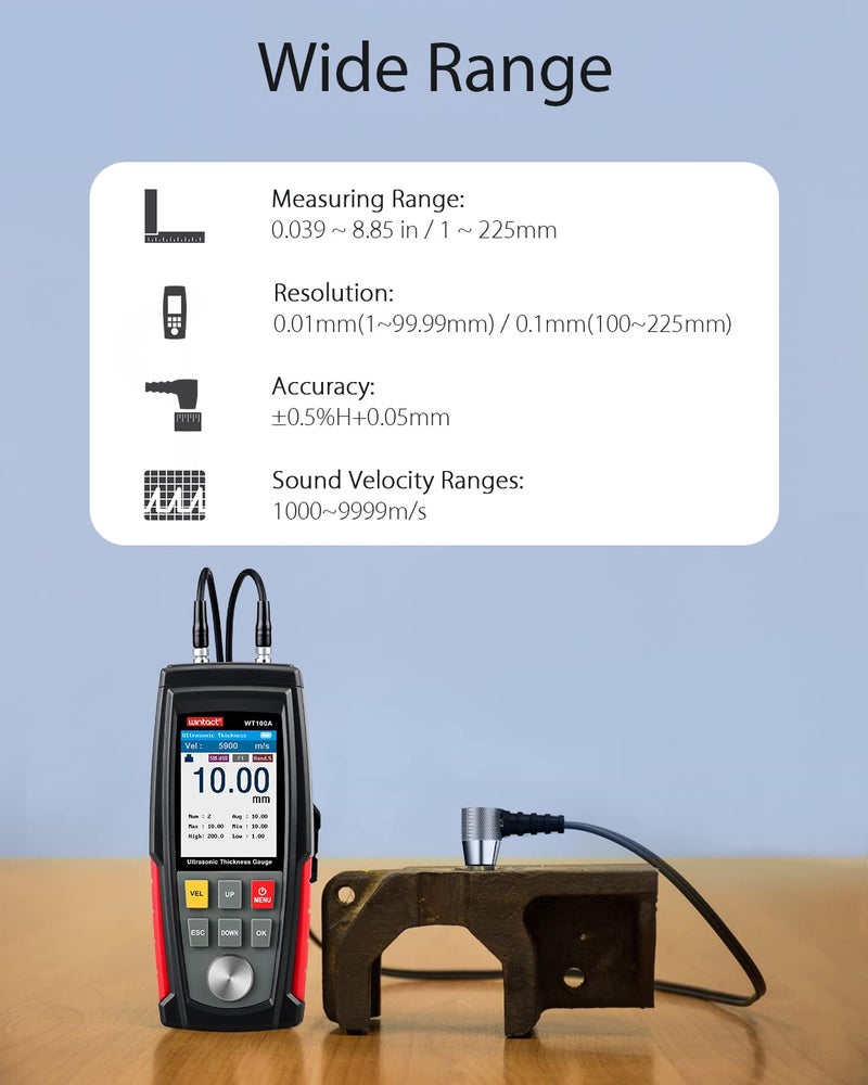 Wintact Digital Ultrasonic Thickness Gauge, Range 0.039 to 11.81 in with Probe for Measuring Metal and Nonmetal Materials, Steel, Cylinder Wall, Plastic, Glass, PVC, Pipes (WT100A) - Image 2