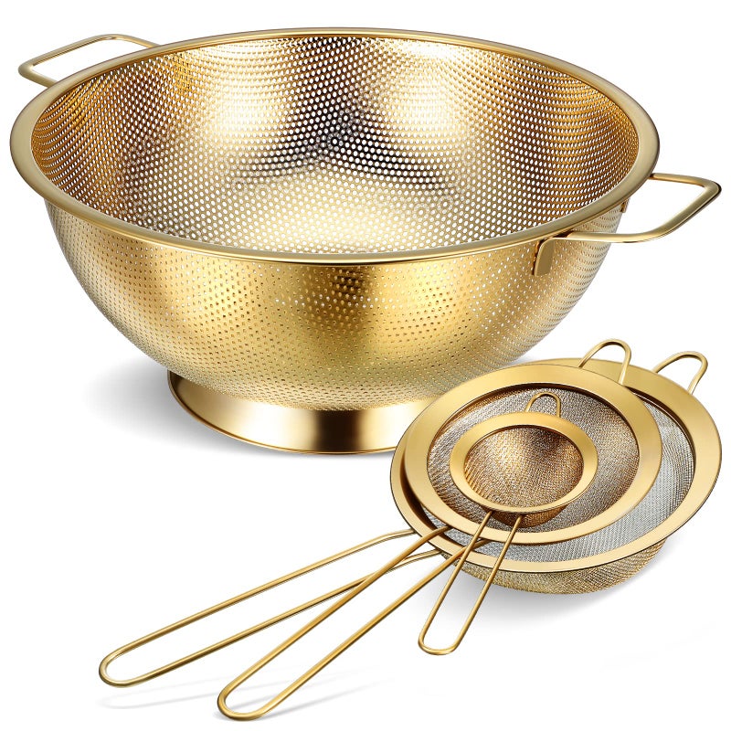 Norme 5 Quart Stainless Steel Gold Colander and 3 Pcs Gold Fine Mesh Strainer Stainless Steel Pasta Rice Food Metal Strainer with Handles Easy Clean and Dishwasher Safe