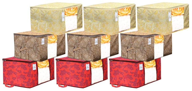 Kuber Industries Kuber Industries Metalic Printed 9 Piece Non Woven Fabric Underbed Storage BagCloth OrganiserBlanket Cover with Transparent Window Gold Red Beige CTKTC41219  - Image 1