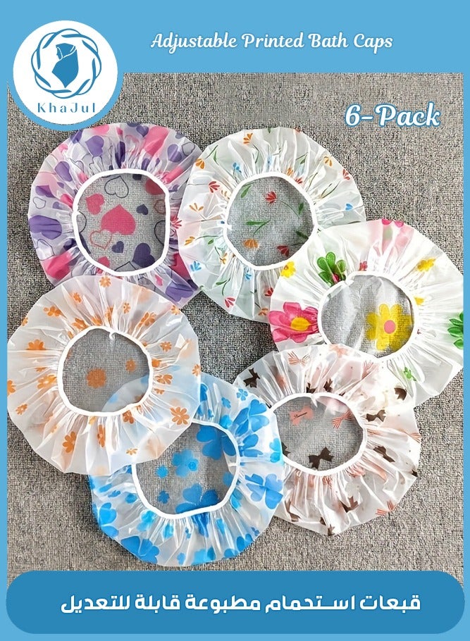 KHAJUL 6-Piece Adjustable Printed Bath Caps, Waterproof and Reusable with Elastic Band for Women's Spa Salon - Image 1