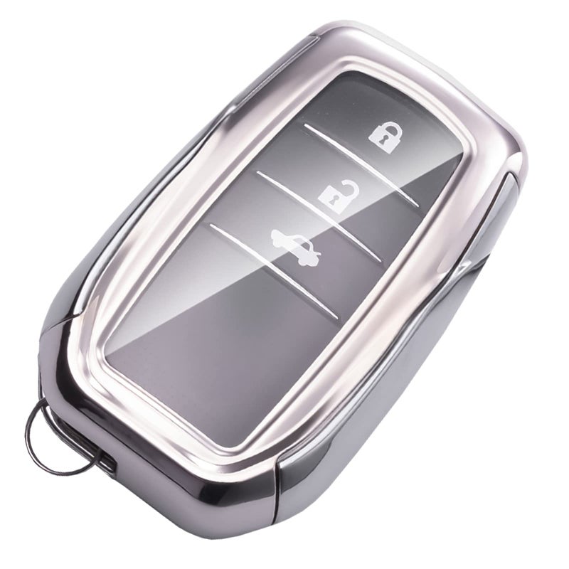 WORCAS Soft TPU Key Fob Cover Case Compatible with Toyota 2019 Land Cruiser2021 Venza2021 RAV4 PrimeFortune2 3 4 5 6Button keyless Entry Remote Control Smart Key Silver