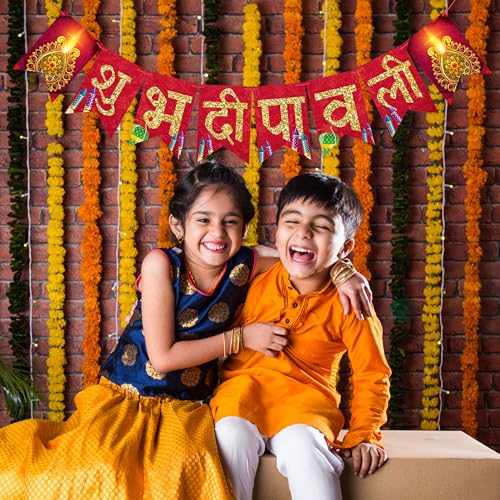 WOBBOX Diwali Decoration Bunting Banner, Red Velvet Pattern with Firecracker Background, Diwali Decor Item - Image 5