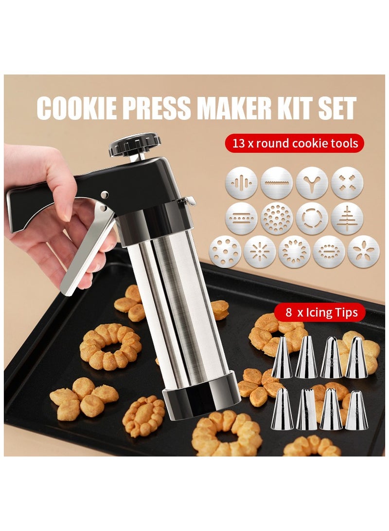 Cookie Press for Baking, Churro Maker Machine, Stainless Steel Spritz Cookie Press Gun kits with 13 Cookie Discs  8 Piping Tips, for Home DIY Biscuit Maker and Cake Icing Decoration - Image 1