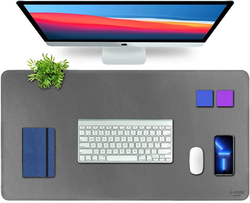 V-CUBE Designs Premium Vegan Leather Desk Mat 90X45cm 2.4mm Thick&Padded|Laptop Mat/Extended Mouse Pad/Stitched, Reversible, Sturdy Deskspread | High Tear/Peel Strength|Anti-Slip,Splash-Proof| Grey - Image 1
