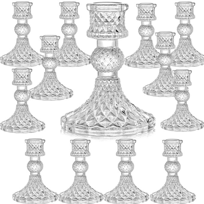 12 PACK CRYSTAL CANDLE HOLDERS CLEAR TAPER CANDLESTICK THICK GLASS CANDLE STAND SMALL CENTERPIECE FOR TABLE WEDDING PARTY CHURCH WINDOWSILL DECOR HOME DECORATION DIAMOND PATTERN