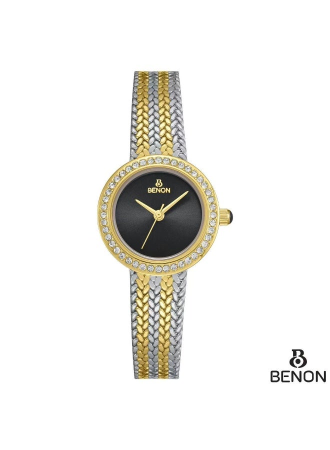 بينون ساعة نسائية من ماركة بينون (Benon) بتصميم أنيق يتميز بإطار دائري مرصع بفصوص كريستالية لامعة. - Image 1