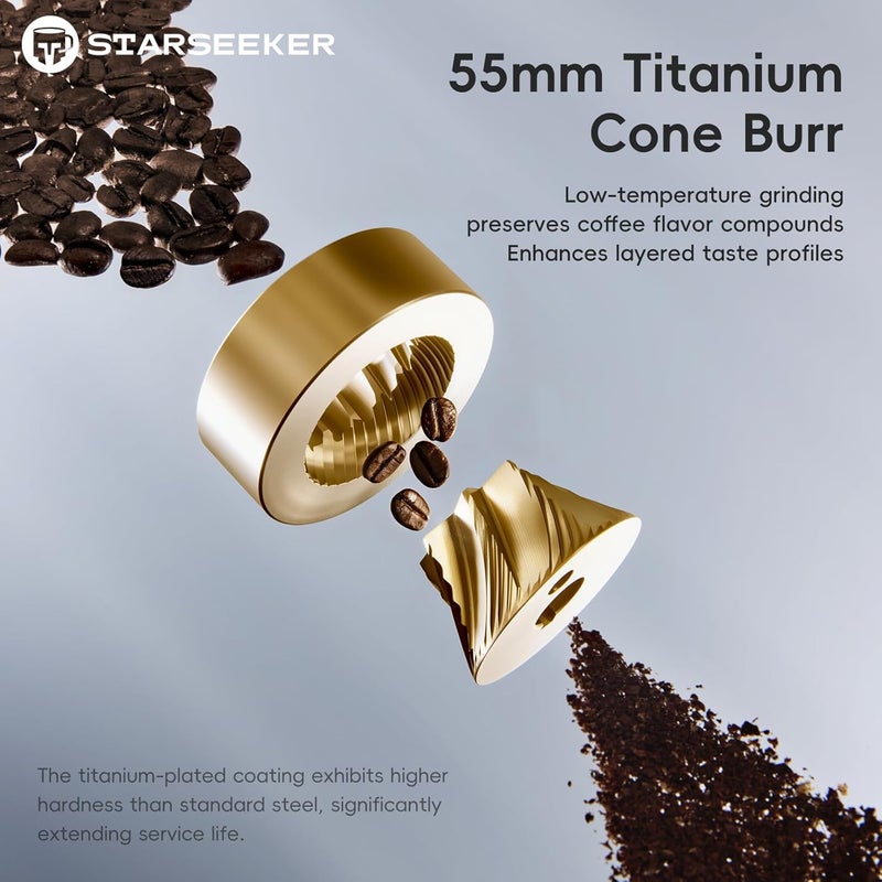ستار سيكر مطحنة القهوة الكهربائية الاحترافية STARSEEKER E55 Pro - شفرات تيتانيوم 55 ملم للإسبريسو والقهوة التركية، تعديل بدون درجات، محرك هادئ، مضادة للكهرباء الساكنة وسهلة التنظيف، هيكل ألومنيوم للمنزل والمقهى والمكتب - Image 2