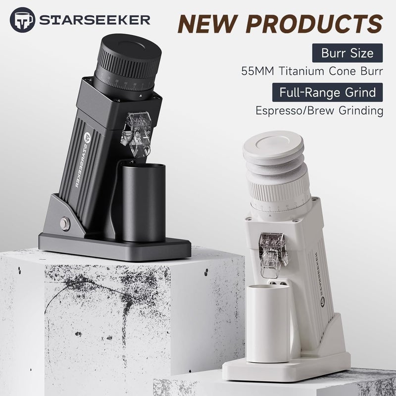 ستار سيكر مطحنة القهوة الكهربائية الاحترافية STARSEEKER E55 Pro - شفرات تيتانيوم 55 ملم للإسبريسو والقهوة التركية، تعديل بدون درجات، محرك هادئ، مضادة للكهرباء الساكنة وسهلة التنظيف، هيكل ألومنيوم للمنزل والمقهى والمكتب - Image 5