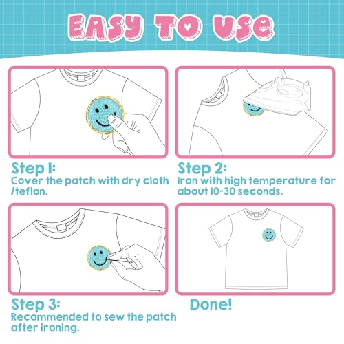 Kirako 24Pcs Preppy Chenille Patches Colorful Glitter Smile Lightning Bolt Heart Rainbow Flower Sew Iron on Repair Embroidered Applique Girly Style DIY Crafts Decorative Gift for Clothing Backpack Hat - Image 3