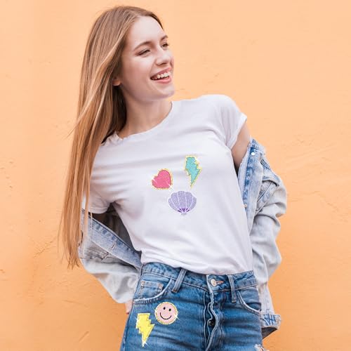 Kirako 24Pcs Preppy Chenille Patches Colorful Glitter Smile Lightning Bolt Heart Rainbow Flower Sew Iron on Repair Embroidered Applique Girly Style DIY Crafts Decorative Gift for Clothing Backpack Hat - Image 5