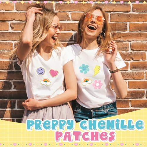 Kirako 24Pcs Preppy Chenille Patches Colorful Glitter Smile Lightning Bolt Heart Rainbow Flower Sew Iron on Repair Embroidered Applique Girly Style DIY Crafts Decorative Gift for Clothing Backpack Hat - Image 4