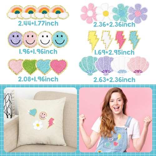 Kirako 24Pcs Preppy Chenille Patches Colorful Glitter Smile Lightning Bolt Heart Rainbow Flower Sew Iron on Repair Embroidered Applique Girly Style DIY Crafts Decorative Gift for Clothing Backpack Hat - Image 2