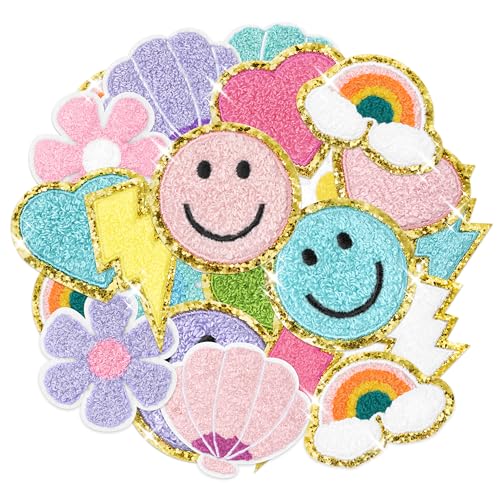 Kirako 24Pcs Preppy Chenille Patches Colorful Glitter Smile Lightning Bolt Heart Rainbow Flower Sew Iron on Repair Embroidered Applique Girly Style DIY Crafts Decorative Gift for Clothing Backpack Hat - Image 1