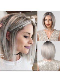 Alanhair Alanhair Gray Ombre Sliver Straight Short Bob Synthetic Heat Resistant Fiber Wig for Women Middle Part Natural Looking Heat Resistant Fiber Nature Synthetic Wigs  - Image 1