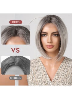 Alanhair Alanhair Gray Ombre Sliver Straight Short Bob Synthetic Heat Resistant Fiber Wig for Women Middle Part Natural Looking Heat Resistant Fiber Nature Synthetic Wigs  - Image 3
