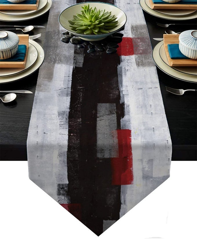MODERN BURLAP TABLE RUNNERABSTRACT RED AND BLACK ART TABLE RUNNERS FOR TABLE DRESSER RUNNER FARMHOUSE STYLE FOR DINNER PARTY HOLIDAYS HOME DECORATION RED AND BLACK 13X 71