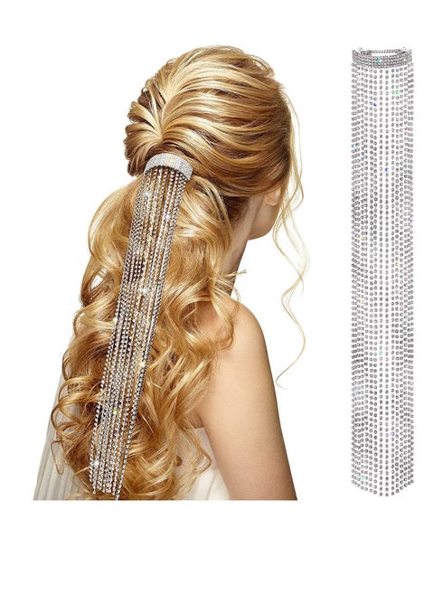 Rhinestones Long Chain Tassel Hairwear Braid Hair Shiny Hairpin for Women Girls Jewelry Ponytail Holder  Chains Length 40cm