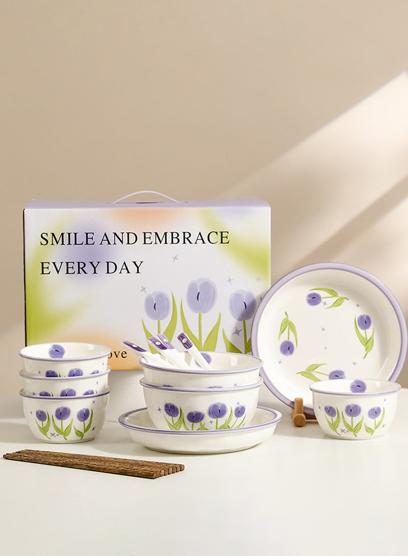 Nordic Style Tulip Ceramic Tableware Set for 4 - Person - 4 Bowls, 4 Spoons, 4 Chopsticks, 2 Large Bowls, 2 Plates, Ideal for Family Meals - Image 1