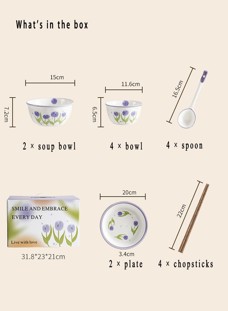 Nordic Style Tulip Ceramic Tableware Set for 4 - Person - 4 Bowls, 4 Spoons, 4 Chopsticks, 2 Large Bowls, 2 Plates, Ideal for Family Meals - Image 2