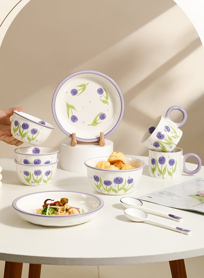 Nordic Style Tulip Ceramic Tableware Set for 4 - Person - 4 Bowls, 4 Spoons, 4 Chopsticks, 2 Large Bowls, 2 Plates, Ideal for Family Meals - Image 3