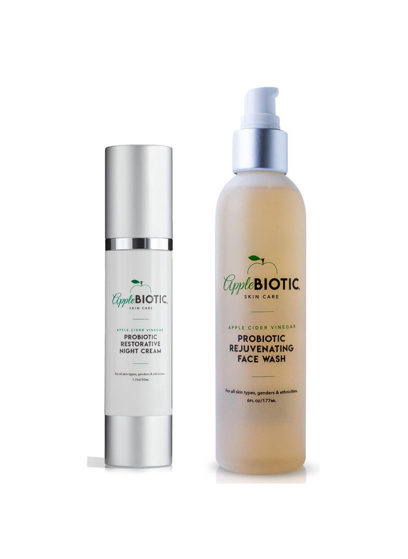 AppleBiotic Apple Cider Vinegar Probiotic Restorative Night Cream  Face Wash Duo with African Green Coffee Extract Vitamin B3 Green Tea and Chamomile Extract to Firm and Restore for Dry Oily Sensitive Skin 