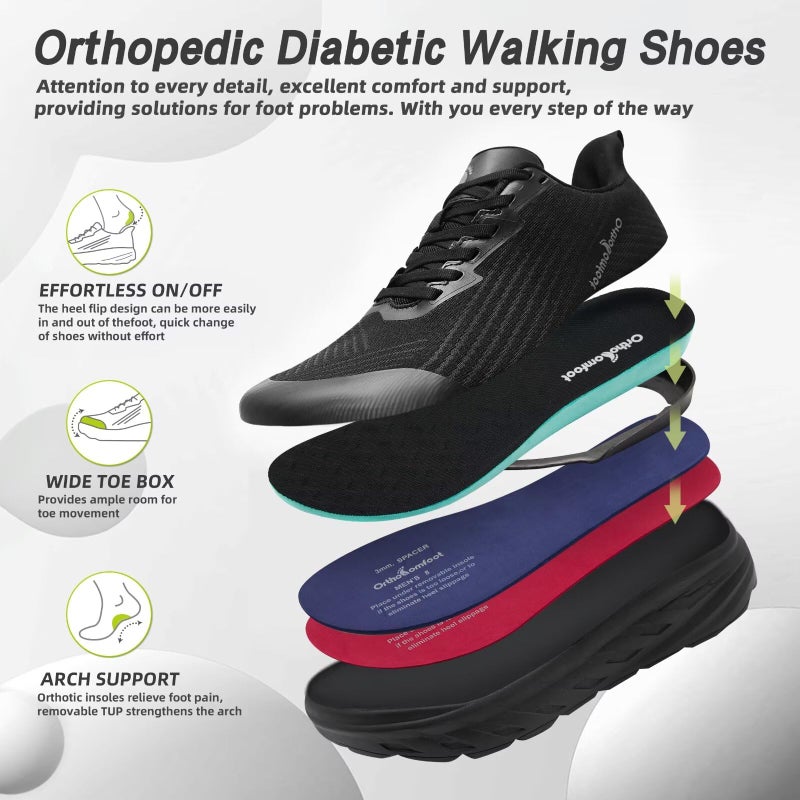 OrthoComfoot Women's Orthopedic Arch Support Diabetic Wide Sneakers: Comfort Plantar Fasciitis Hammer Toes Swollen Bunions Recovery Standing Outdoor Sneakers, Driving Tennis Shoes Black Size 9 - Image 3