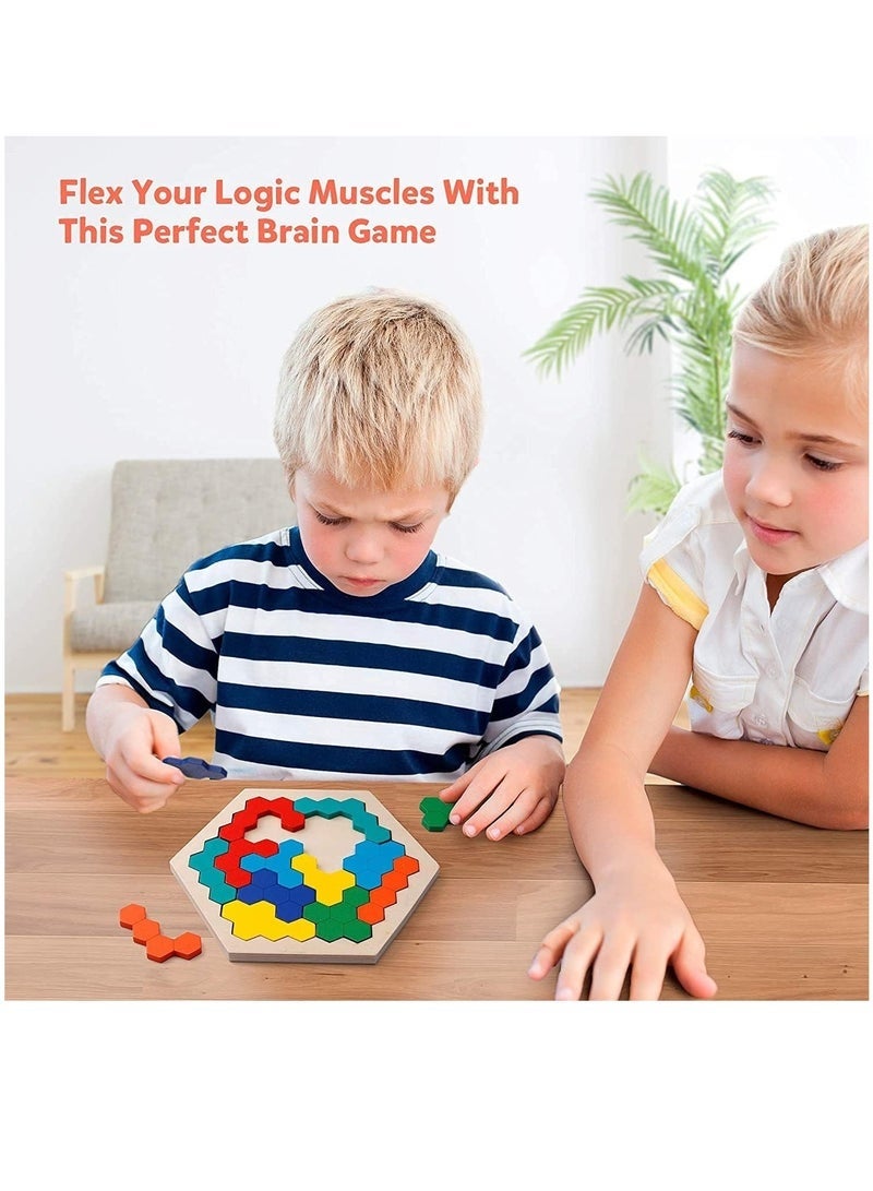 DURKU Wooden Jigsaw Puzzles for Kids Adults Polygon Blocks Tangram Teaser Toy Geometry Logic IQ Training Game Colorful STEM Montessori Educational Toy for All Ages Challenge - Image 2