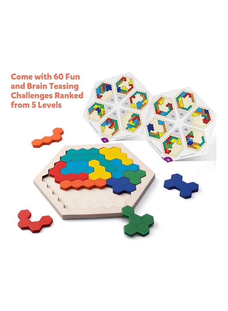 DURKU Wooden Jigsaw Puzzles for Kids Adults Polygon Blocks Tangram Teaser Toy Geometry Logic IQ Training Game Colorful STEM Montessori Educational Toy for All Ages Challenge - Image 4