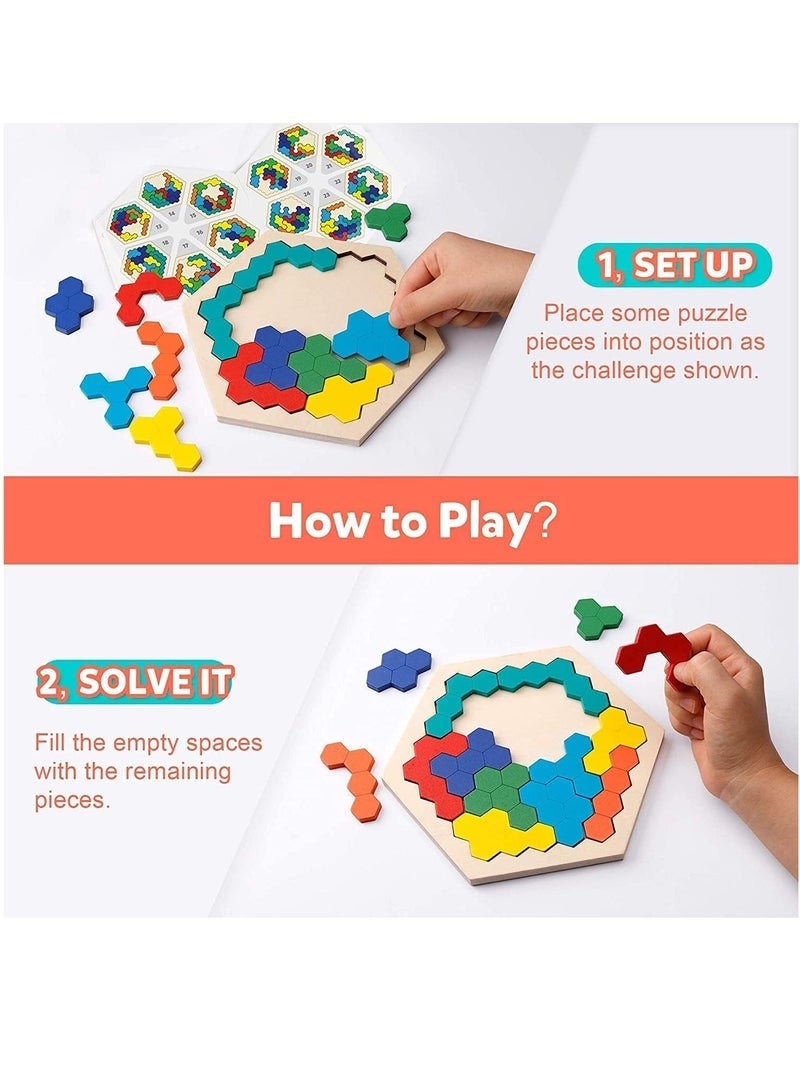 DURKU Wooden Jigsaw Puzzles for Kids Adults Polygon Blocks Tangram Teaser Toy Geometry Logic IQ Training Game Colorful STEM Montessori Educational Toy for All Ages Challenge - Image 3