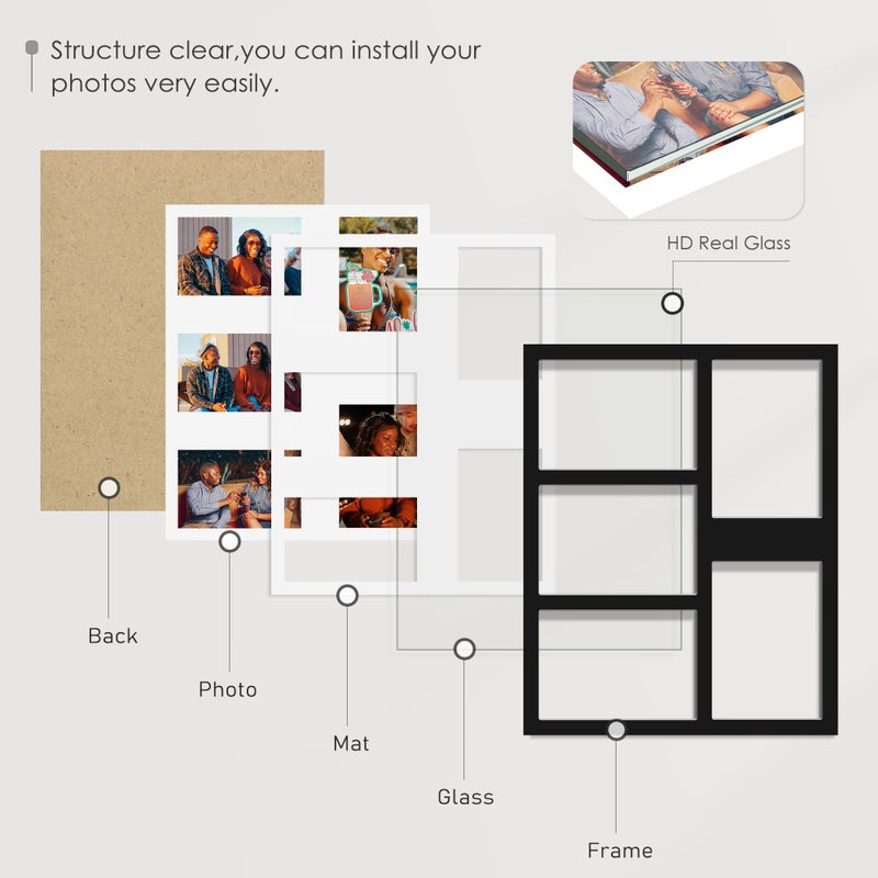 DUENPY 5x7 Picture Frame Collage Holds 5 Photos Made of High Definition Glass, Mat for Display 4x6 Picture Frame Collage Photo for Wall Decor Black - Image 4