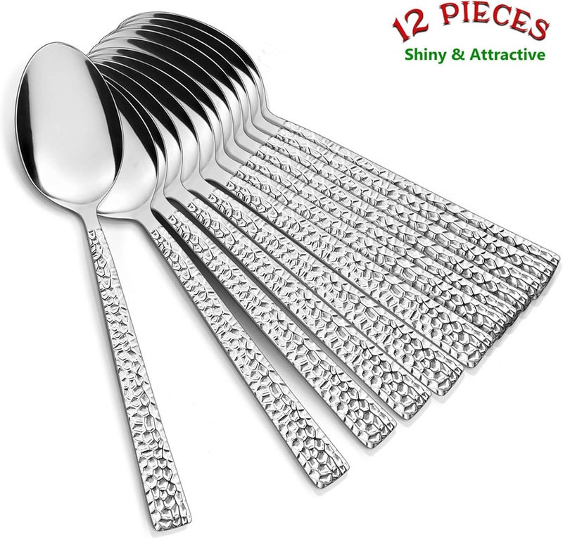 E-far Teaspoon Set of 12, E-far 6.7 Inch Hammered Stainless Steel Spoons for Kitchen or Restaurant, Non-toxic & Mirror Polished, Squared Edge & Dishwasher Safe - Image 3