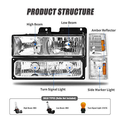 ADCARLIGHTS Headlight Assembly with Bumper & Corner Lights for 1994-1998 GMC C10 Sierra Suburban Yukon Chrome Housing Amber Reflector Left Right W/O Bulbs - Image 4