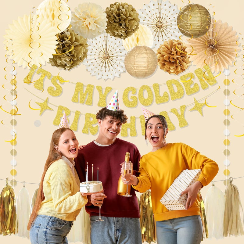 Roetyce Golden Birthday Party Decorations, Gold Glitter It's My Golden Birthday Banner Photo Background Backdrop for Women Men, Funny Bday Party Supplies Girls Boys - Image 5