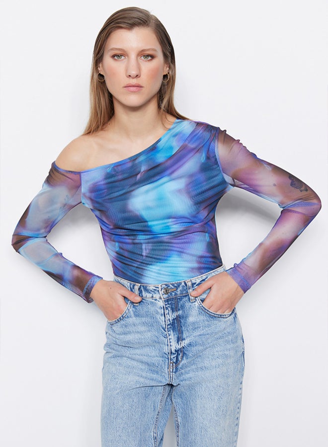 trendyol Blue Patterned Tulle Back Sheer Transparent Fitted/Sticky Snaps Knitted Bodysuit - Image 2
