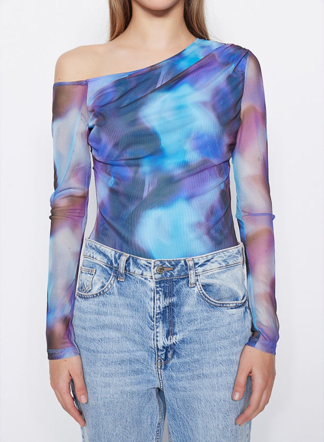 trendyol Blue Patterned Tulle Back Sheer Transparent Fitted/Sticky Snaps Knitted Bodysuit - Image 3