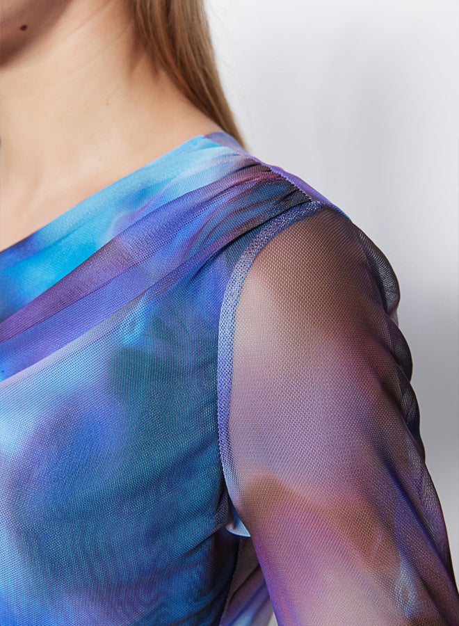 trendyol Blue Patterned Tulle Back Sheer Transparent Fitted/Sticky Snaps Knitted Bodysuit - Image 4